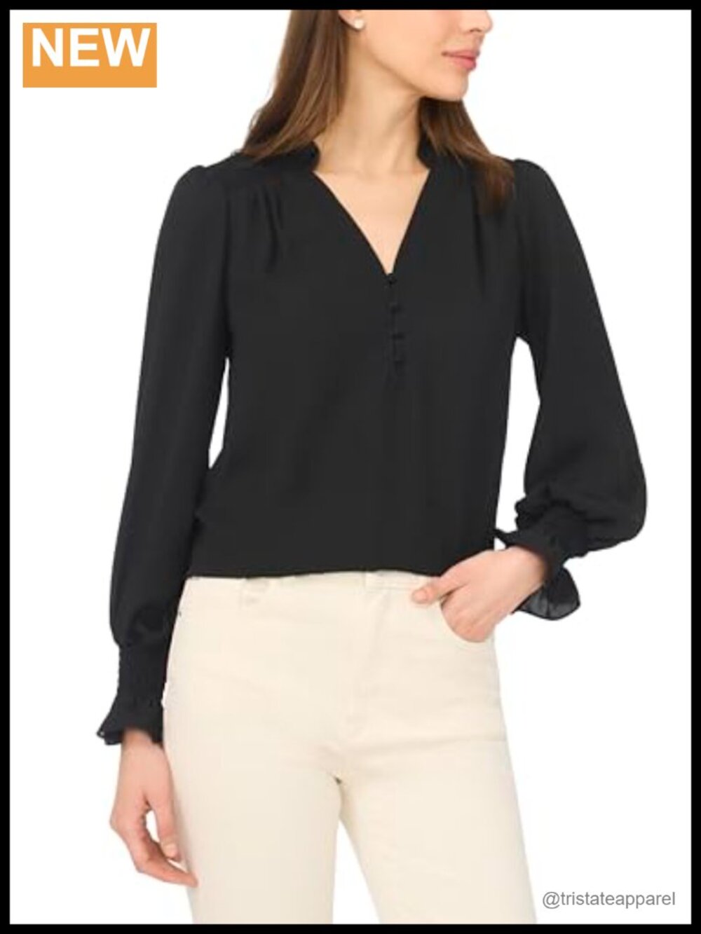 Long Sleeve Half Placket Smocked Polyester Blouse